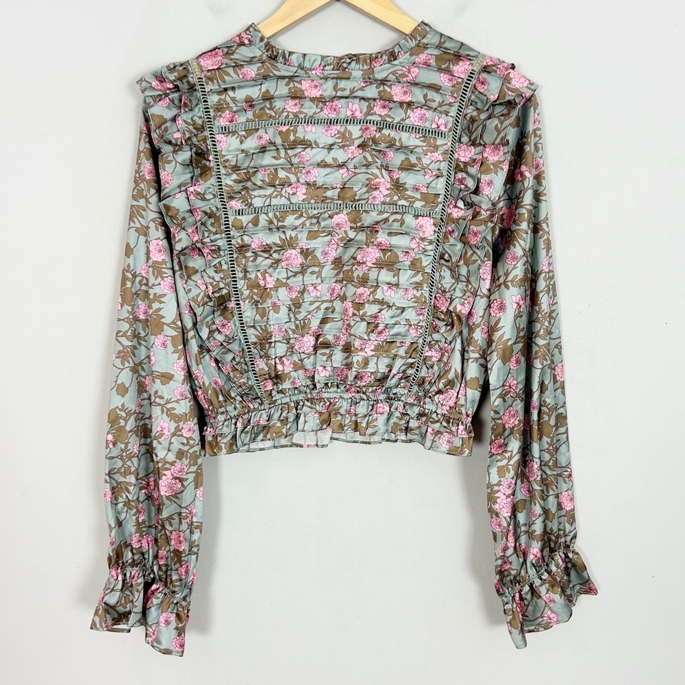 Women's Floral Crop Top Sage Green Pink Ladder Lace Ruffle Blouse Size Large